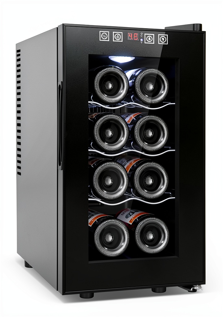 Tylza wine cooler displaying LED touchscreen and interior shelves