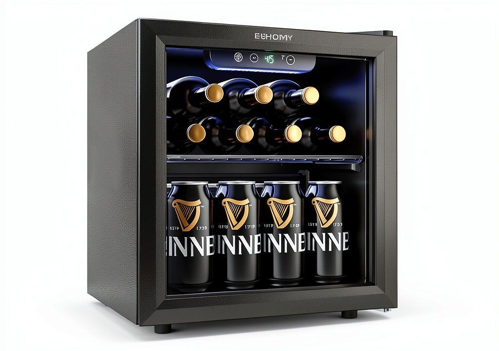 EUHOMY mini fridge on a countertop with beverages inside