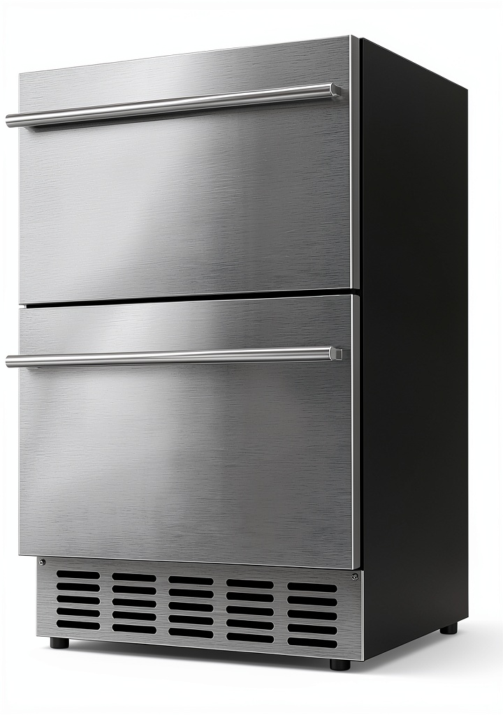 CoolTech stainless steel drawer refrigerator installed under a kitchen counter