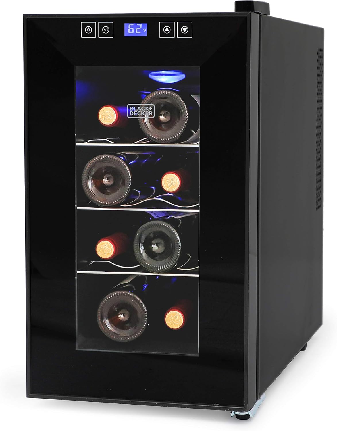 'BLACK+DECKER wine cooler with triple-pane glass door in a modern kitchen'
